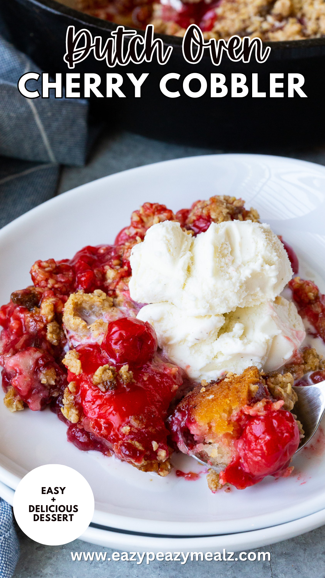 Easy to make dutch oven or cast iron skillet cherry cobbler, this easy to make cobbler is loaded with flavor and perfect for summer desserts. 