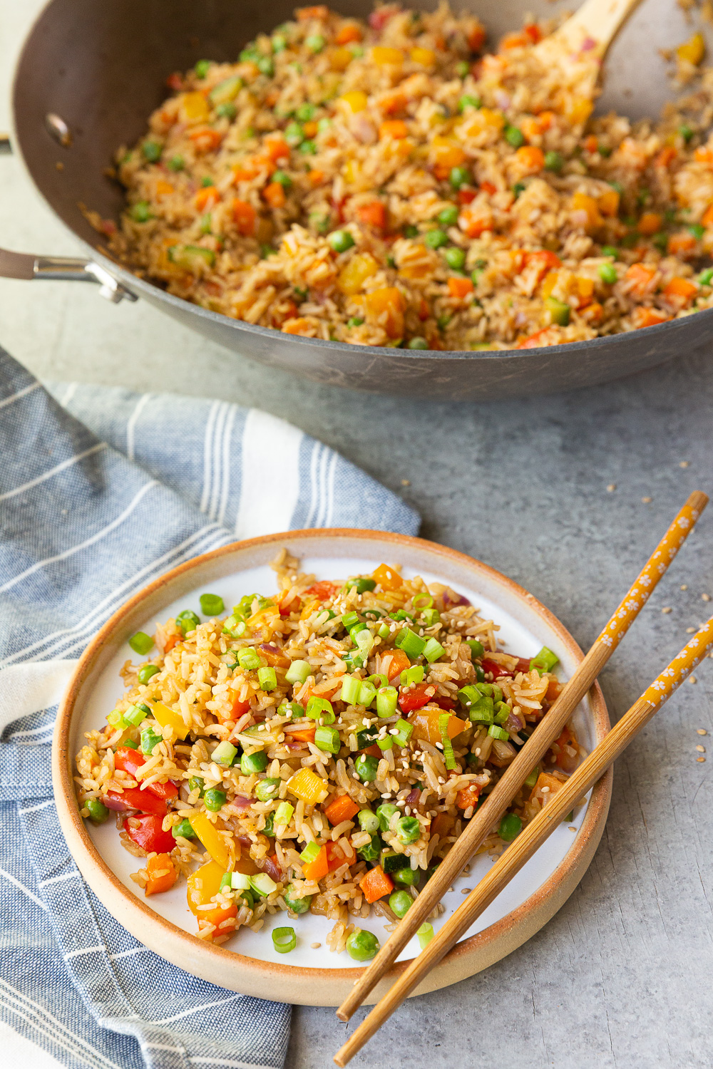 Vegetable fried rice in a wok, made stove top