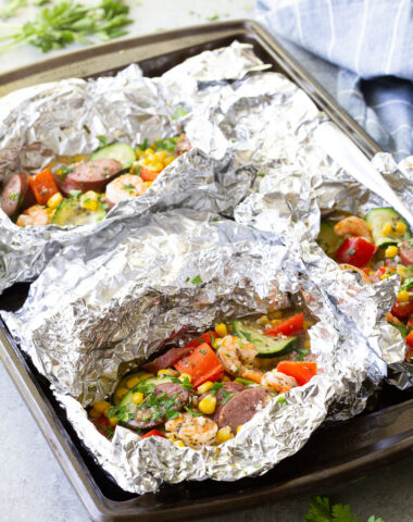 Shrimp and Kielbasa foil packs baked in the oven.