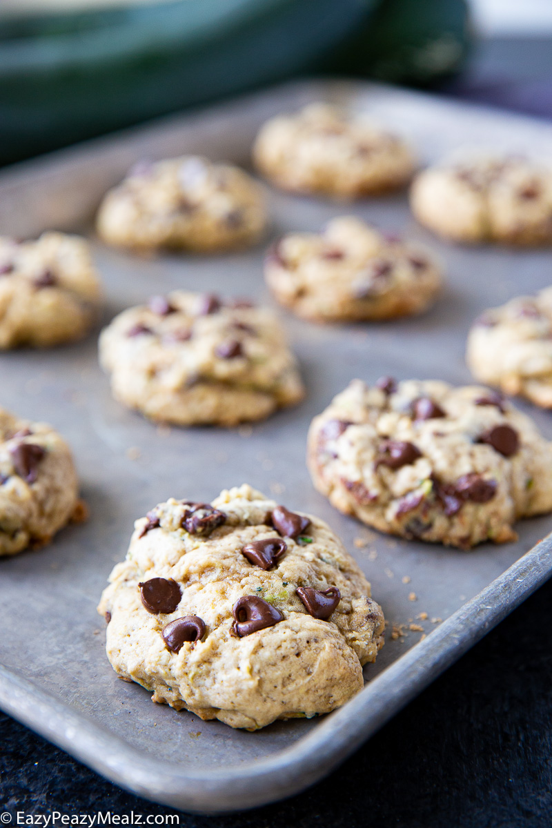 The perfect cookie: rich chocolate chips, tender zucchini, and a soft-baked texture that melts in your mouth.