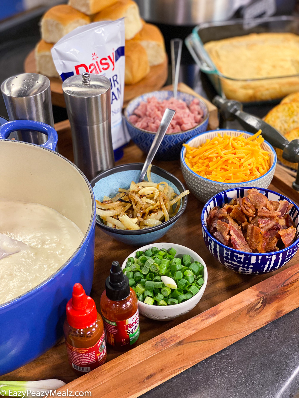 Bar style serving of crock pot potato soup