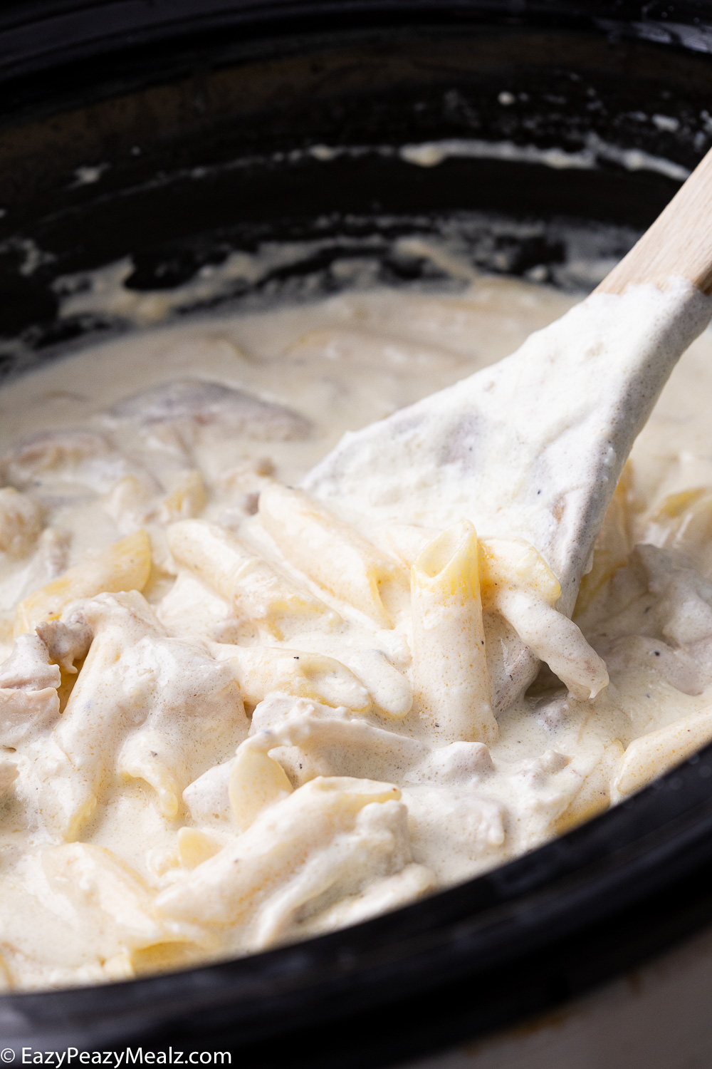 Crock pot of creamy chicken alfredo all cooked in one pot. 