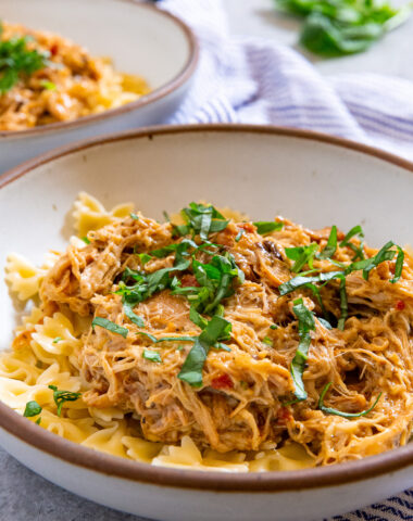 Crockpot Marry Me Chicken over bowtie noodles.