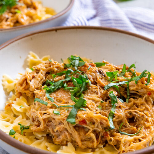 Crockpot Marry Me Chicken over bowtie noodles.