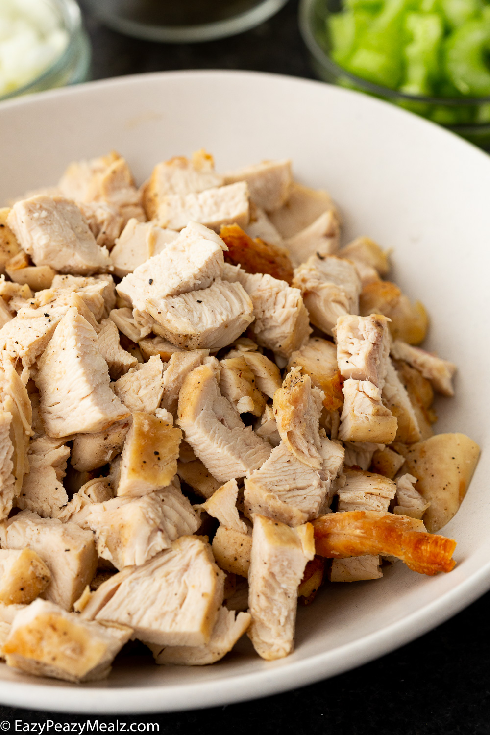 Juicy air fryer chicken, chopped to be added to other ingredients. 