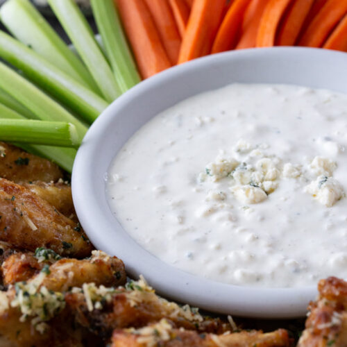 Easy homemade blue cheese dressing, perfect for dipping wings or drizzling over a wedge salad.
