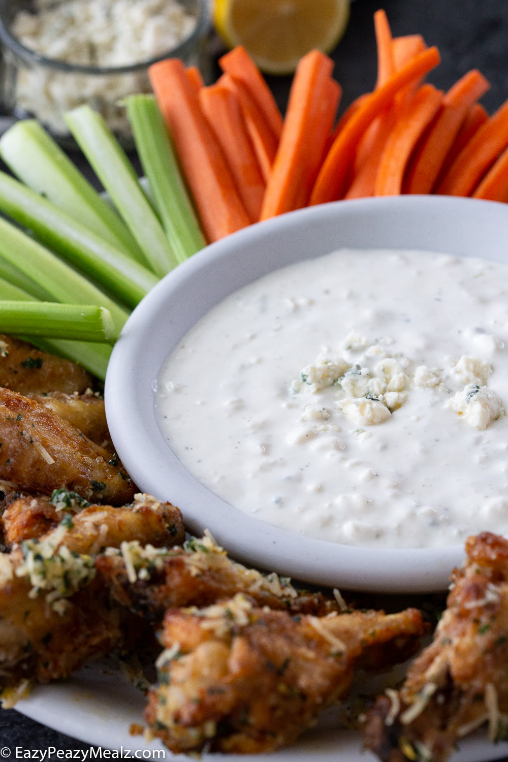 Easy homemade blue cheese dressing, perfect for dipping wings or drizzling over a wedge salad.