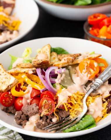 Burger bowl, a delicious deconstructed burger in a lettuce forward bowl