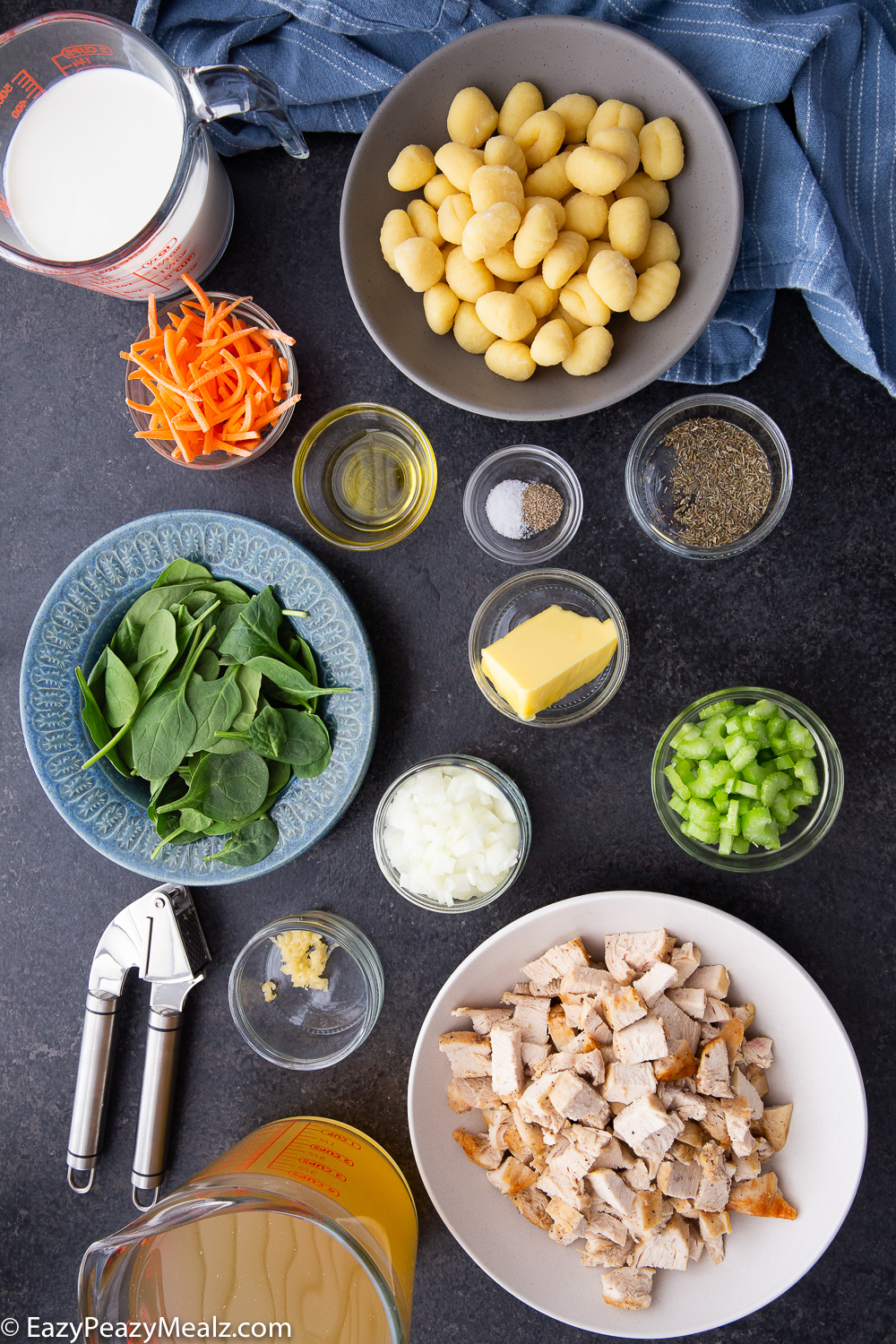 Ingredients for making chicken gnocchi soup.