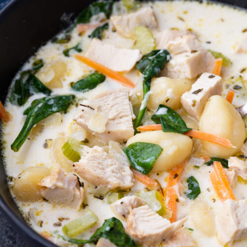 Chicken gnocchi soup, a creamy delightful soup made in under 30 minutes.