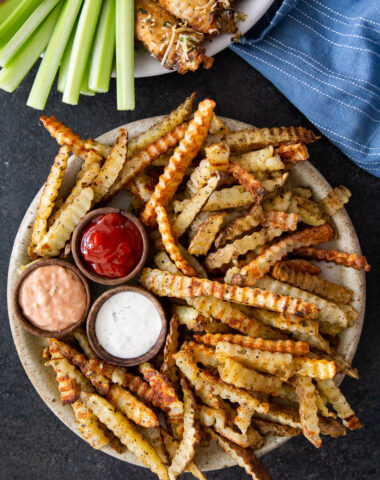 Crinkle cut fries cooked in the oven.