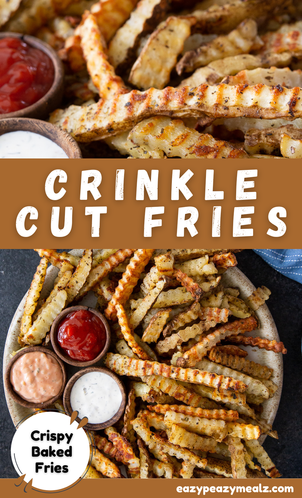 Crinkle Cut Fries- Oven baked fries that are crinkle cut, soaked, seasoned, and baked. 