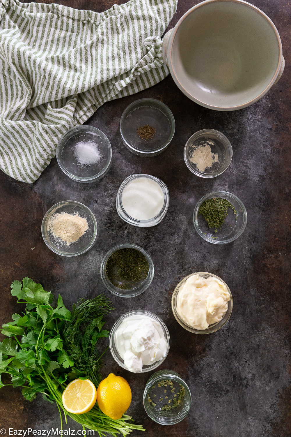Ingredients needed to make homemade ranch dressing. 