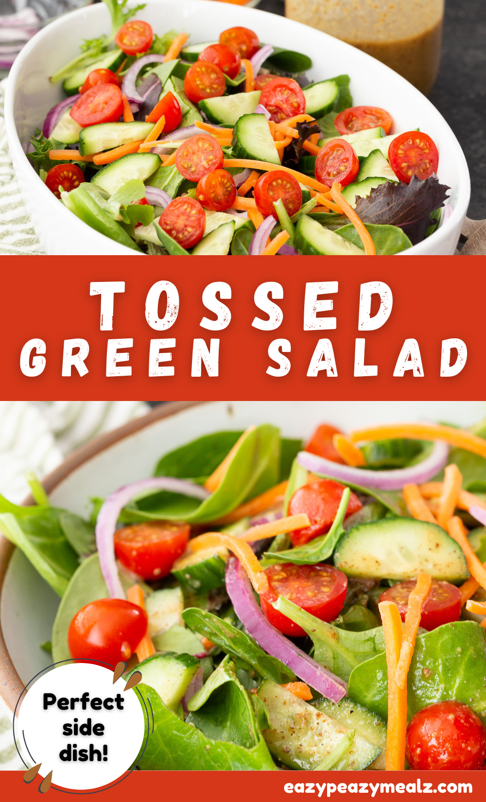 Tossed green salad, a delicious green salad loaded with veggies and topped with a simple dressing. Perfect side for any protein. 