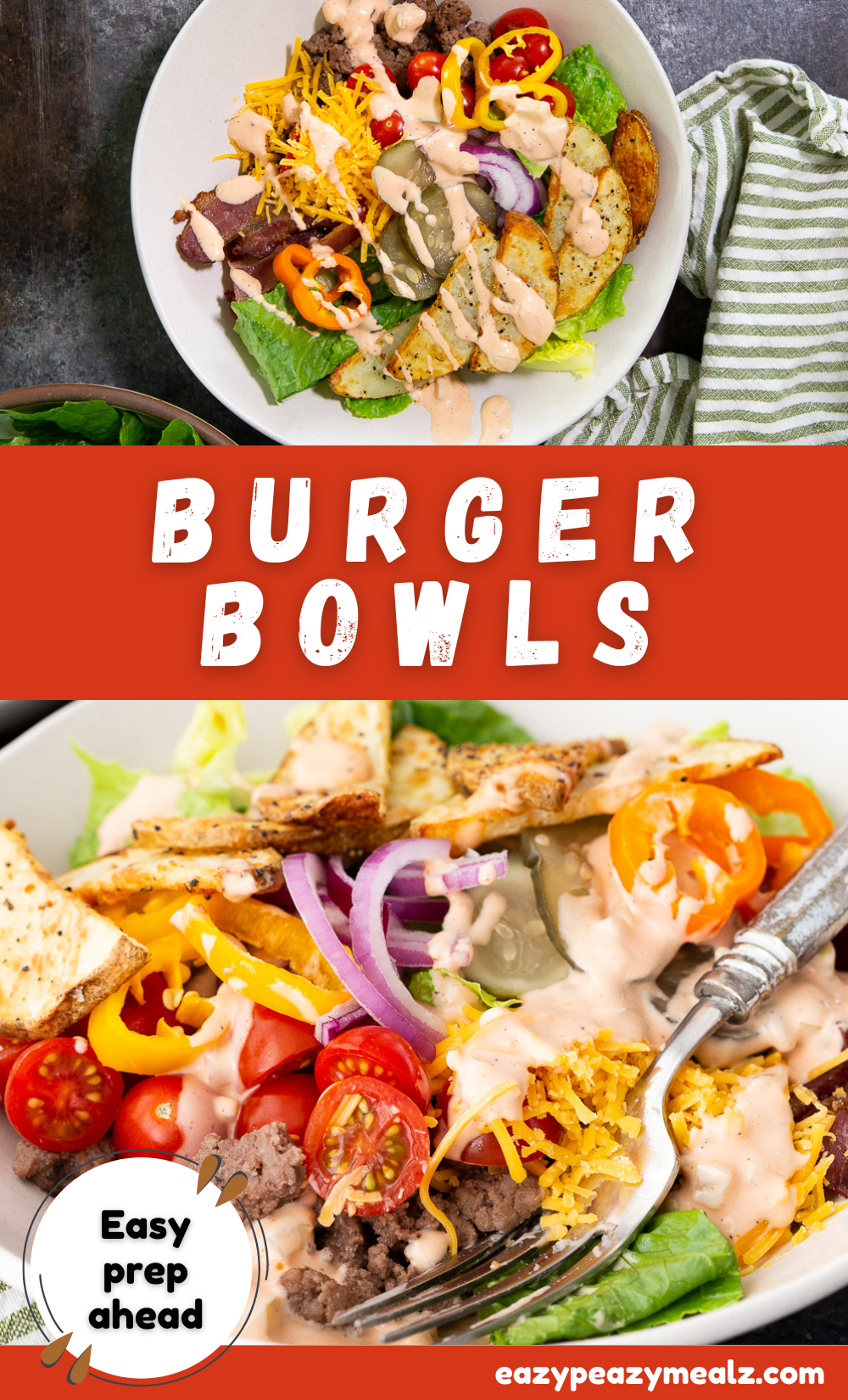 Burger bowls with hearty ground beef, crisp lettuce, crunchy pickles, onions etc. 