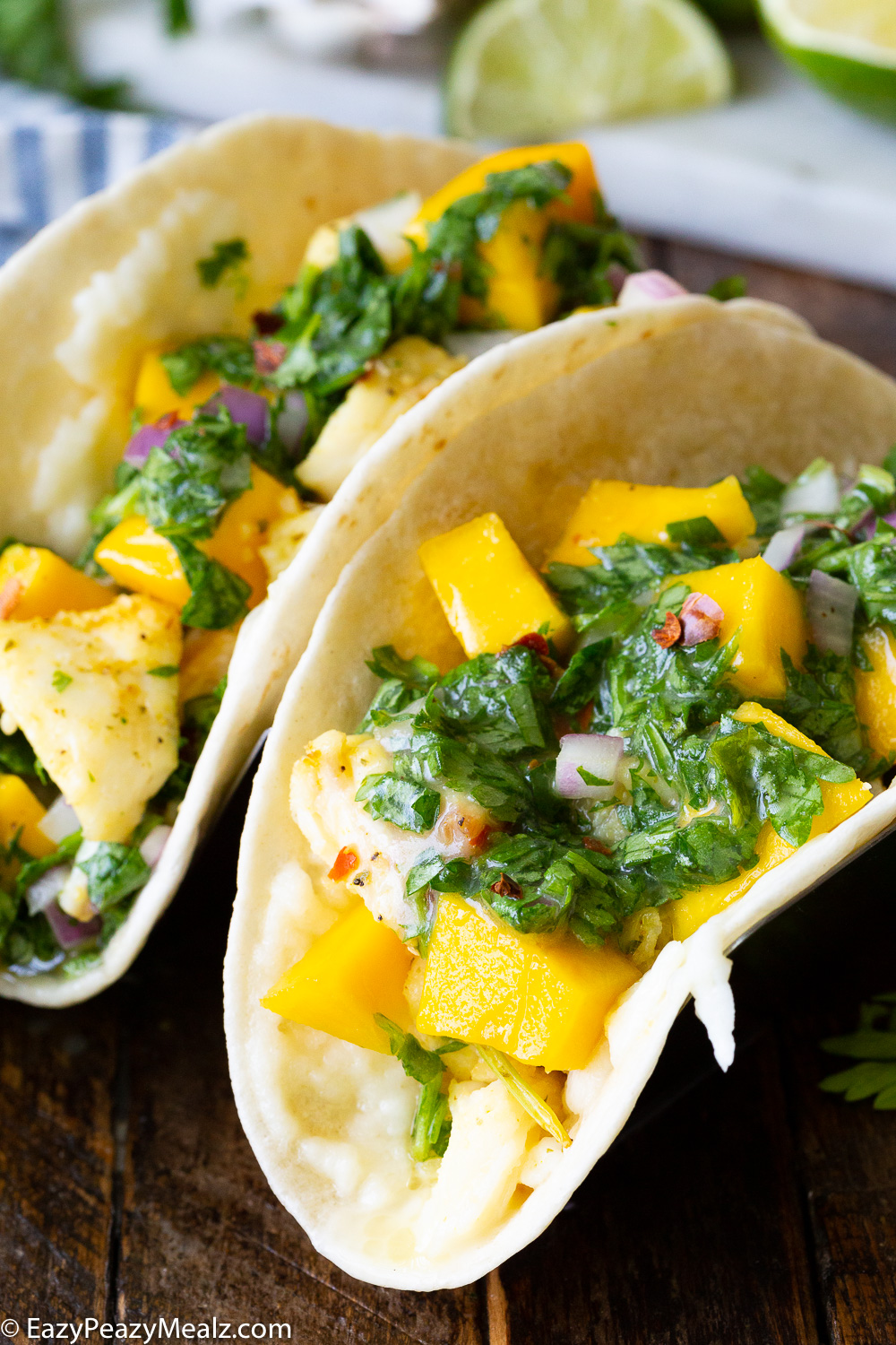 Juicy, delicious citrus marinated grilled halibut fish tacos with a chimichurri