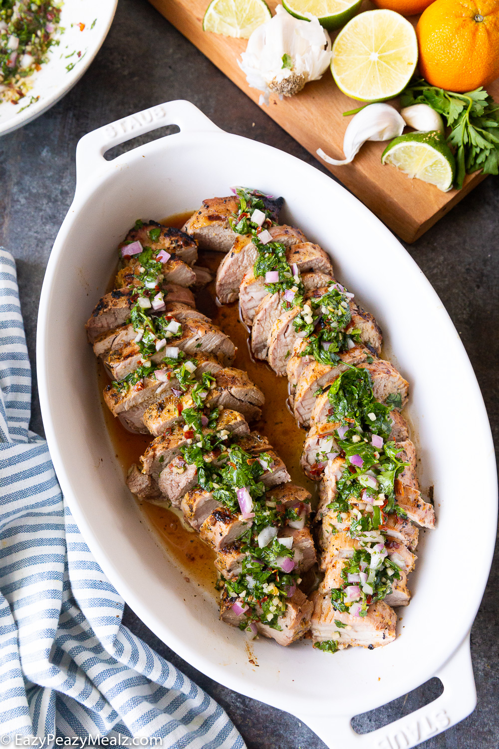 Mojo Pork tenderloin, a grilled pork tenderloin topped with a chimichurri sauce