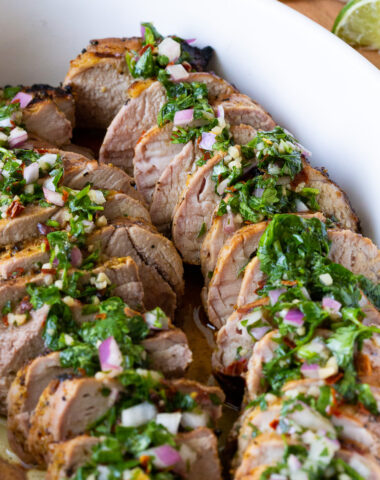 Mojo pork tenderloin, a simple pork tenderloin with a chimichurri topping.