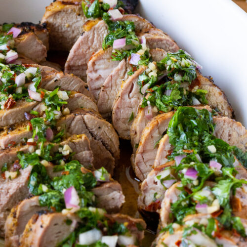 Mojo pork tenderloin, a simple pork tenderloin with a chimichurri topping.