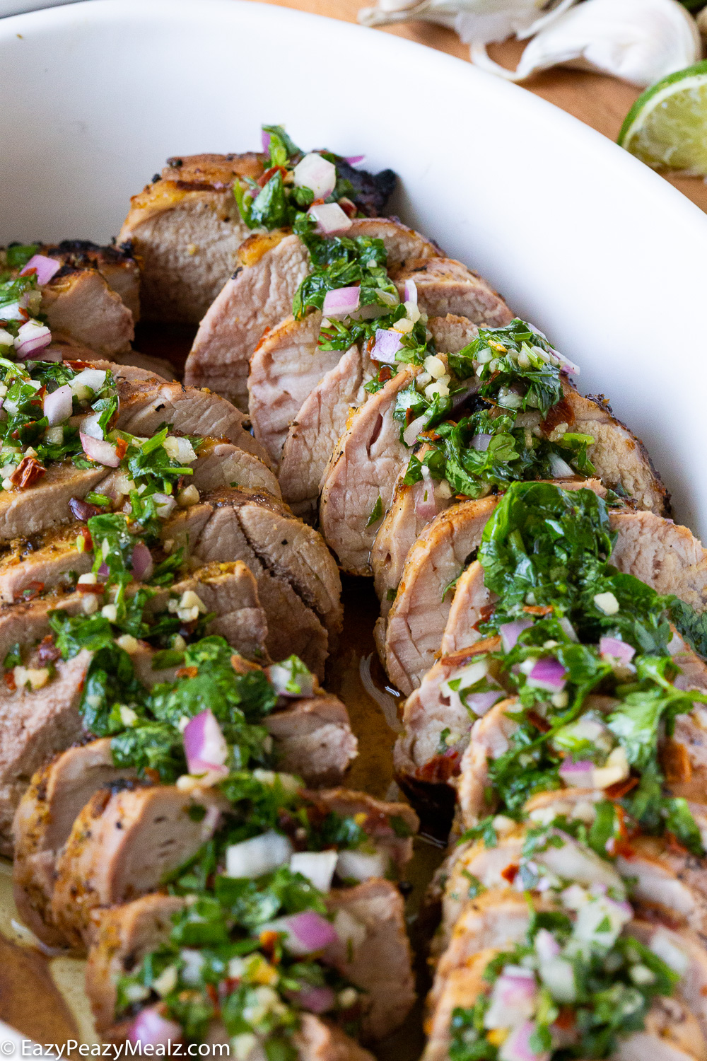 Mojo pork tenderloin, a simple pork tenderloin with a chimichurri topping.