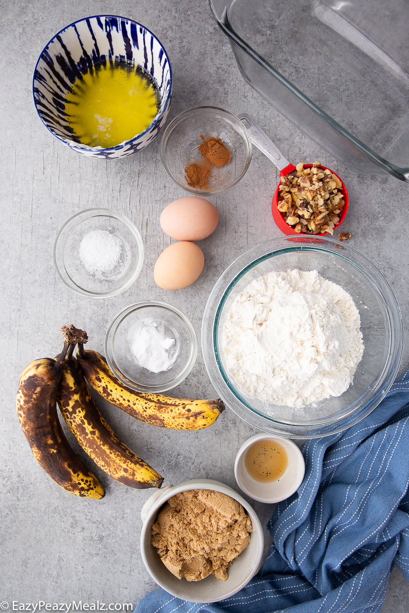 Ingredients for banana nut bread recipe
