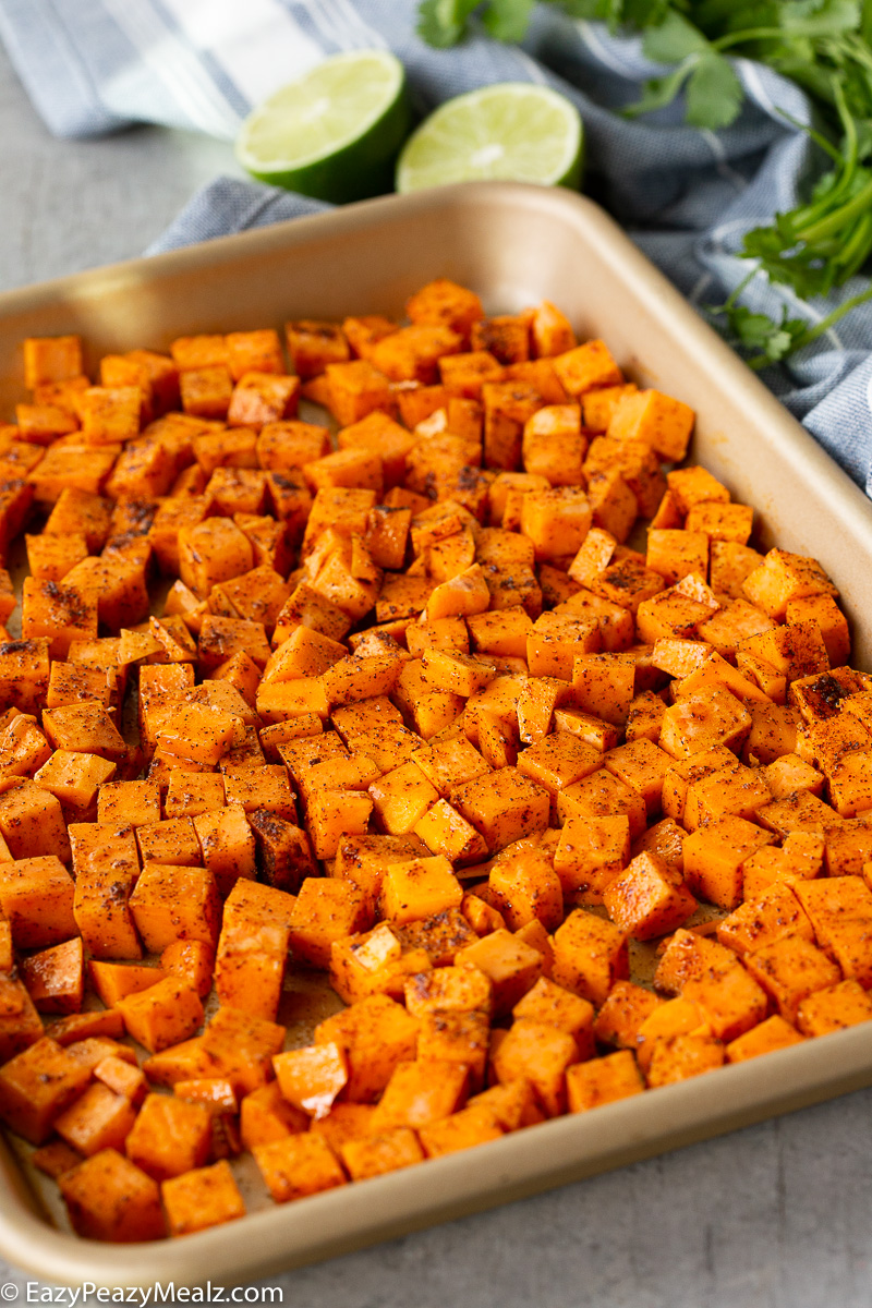 Making roasted sweet potatoes with chipotle seasoning
