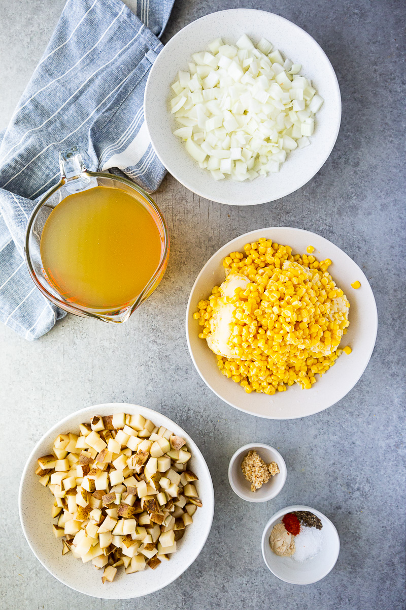 Corn chowder ingredients sweet corn kernels, diced potatoes, chopped onion