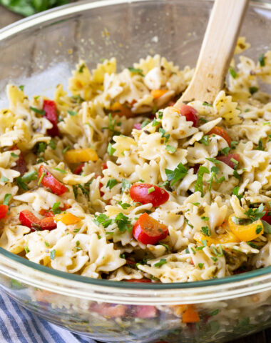 the best bowtie pasta salad, easy to make, a few simple ingredients, herby, flavorful, and the perfect side.