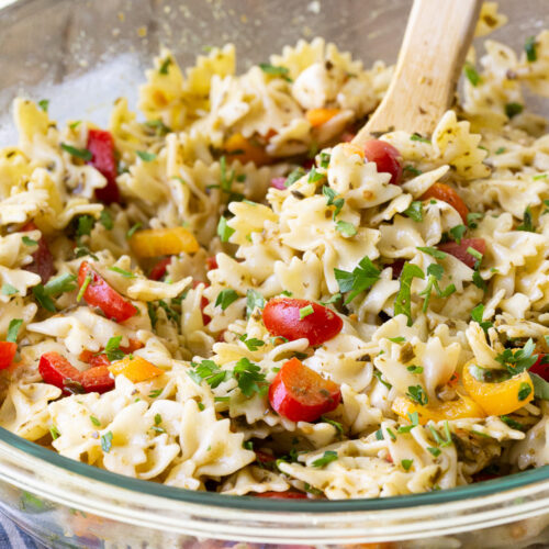 the best bowtie pasta salad, easy to make, a few simple ingredients, herby, flavorful, and the perfect side.