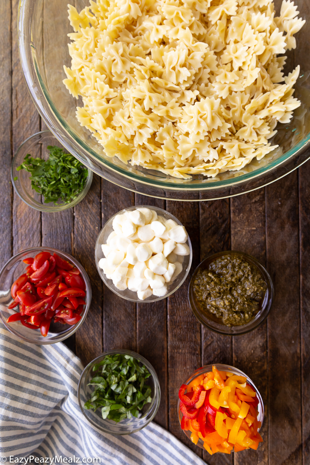 Ingredients for a bowtie pasta salad, such a simple recipe.