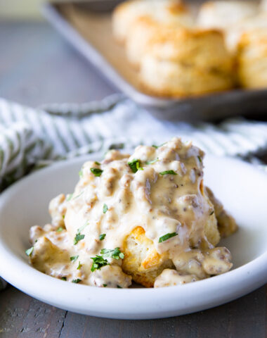 Sausage gravy, to be served over biscuits, a flavorful and simple breakfast idea.