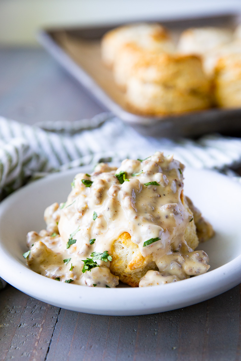 Sausage gravy, to be served over biscuits, a flavorful and simple breakfast idea. 