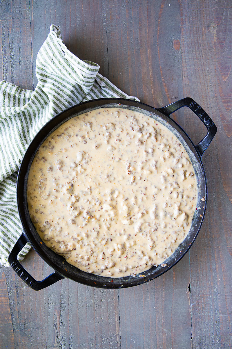 A pan of sausage gravy