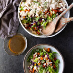 A hearty, flavor-packed salad with tender rotisserie chicken, roasted sweet potatoes, fresh greens, creamy feta, and a simple balsamic dressing. Perfect for an easy, nutritious meal.
