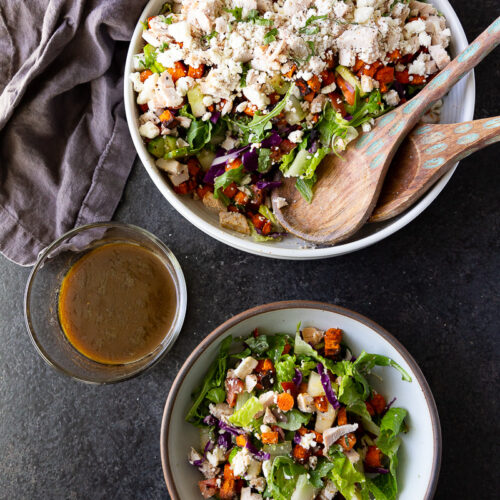 A hearty, flavor-packed salad with tender rotisserie chicken, roasted sweet potatoes, fresh greens, creamy feta, and a simple balsamic dressing. Perfect for an easy, nutritious meal.