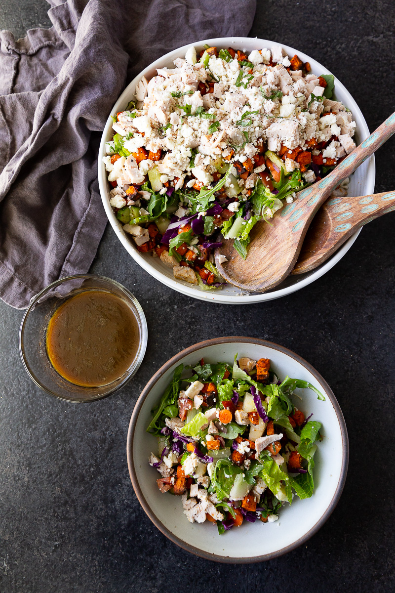 A hearty, flavor-packed salad with tender rotisserie chicken, roasted sweet potatoes, fresh greens, creamy feta, and a simple balsamic dressing. Perfect for an easy, nutritious meal.