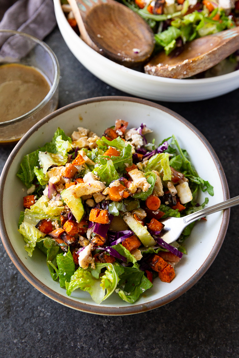 A hearty, flavor-packed salad with tender rotisserie chicken, roasted sweet potatoes, fresh greens, creamy feta, and a simple balsamic dressing. Perfect for an easy, nutritious meal.