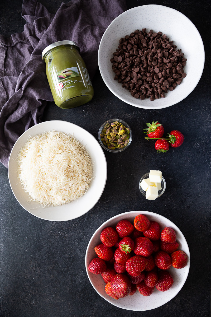 Ingredients for decadent dubai chocolate strawberry cups