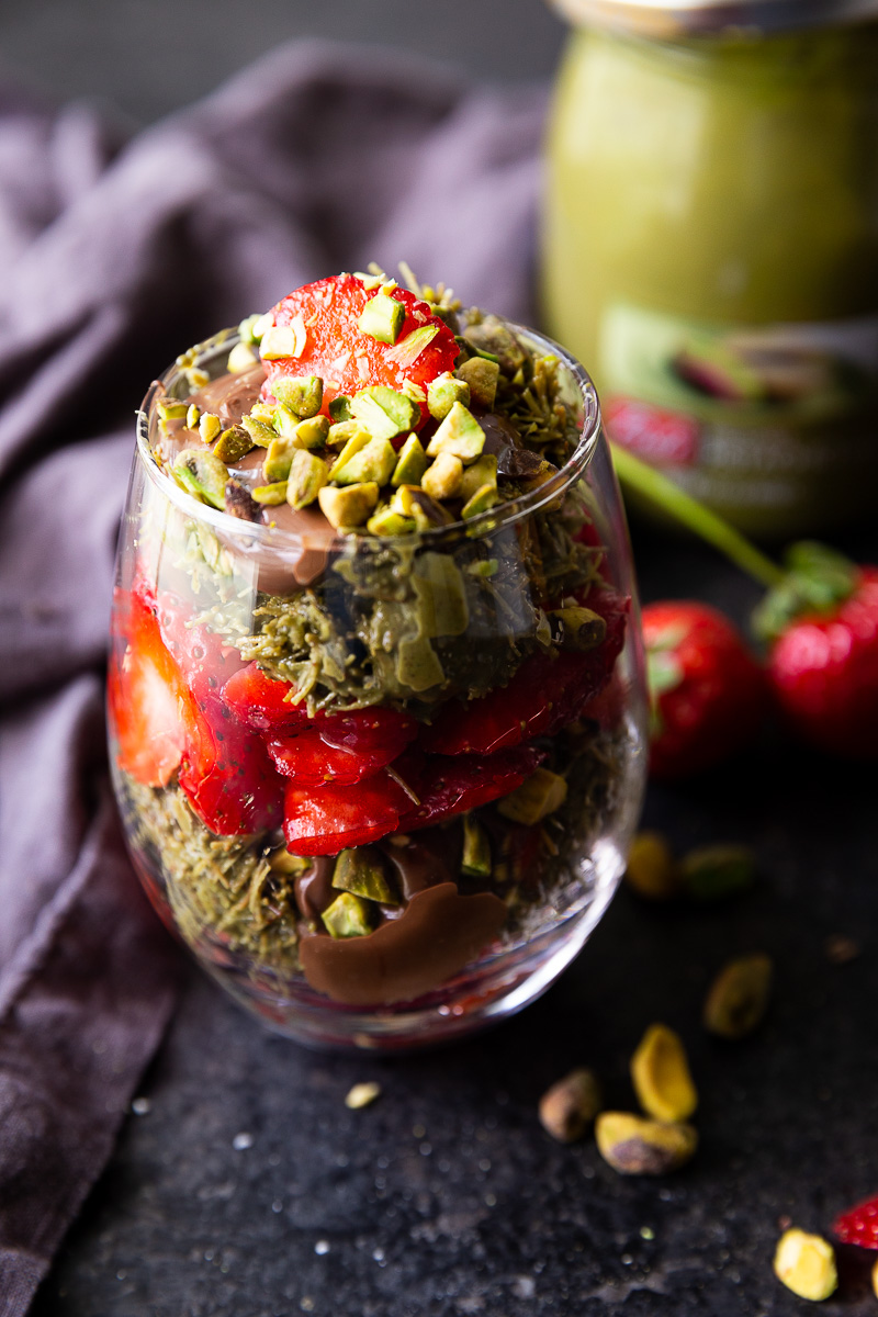 A rich and decadent dubai chocolate strawberry cup