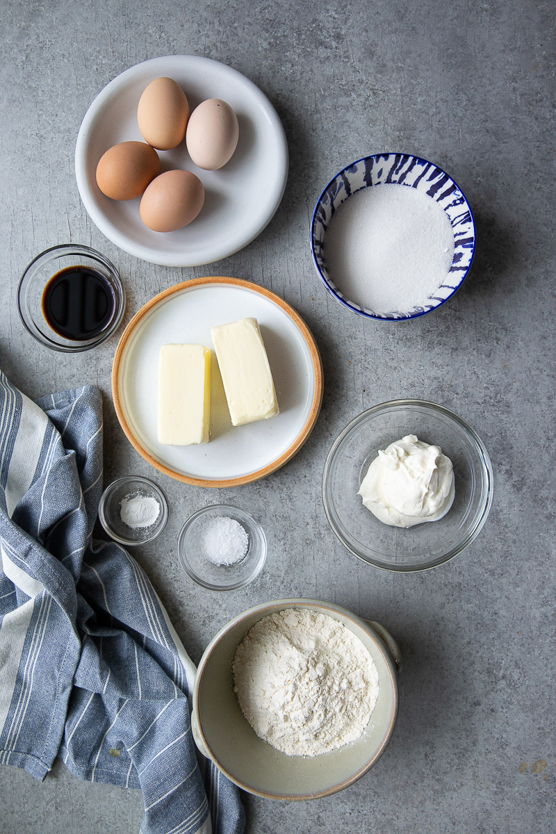 Ingredients for a rich, dense, delicious pound cake