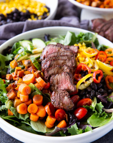 Steak Salad, a summer salad that is hearty, loaded with grilled steak, roasted sweet potatoes and more.
