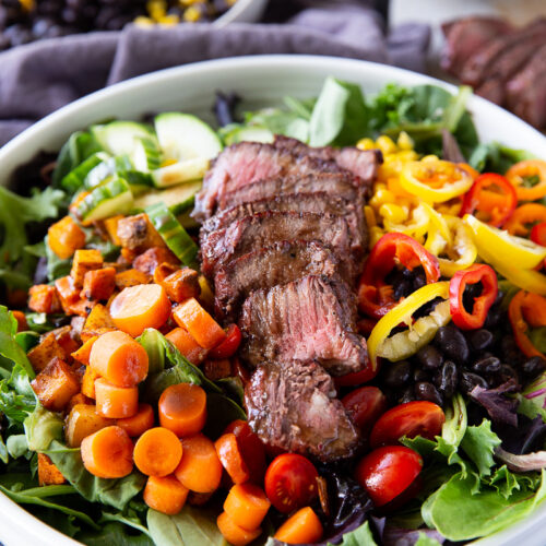 Steak Salad, a summer salad that is hearty, loaded with grilled steak, roasted sweet potatoes and more.
