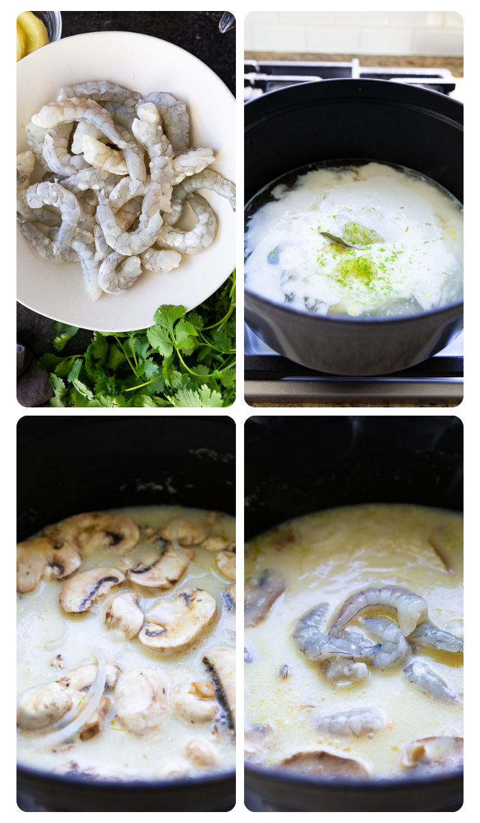 Step-by-step photo collage showing how to make Tom Kha soup, from prepping fresh herbs and aromatics to simmering coconut milk, shrimp, and mushrooms for a rich, flavorful Thai classic.