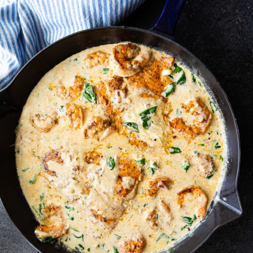 This Cajun salmon and shrimp recipe is packed with bold flavor and served in a creamy spinach cheese sauce. Easy to make, comforting, and perfect for a quick dinner!