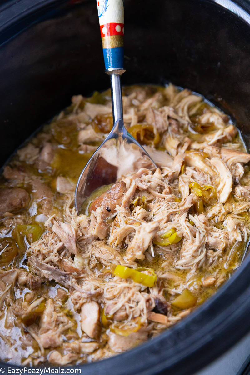 A crock pot full of mississippi chicken makes for a great meal