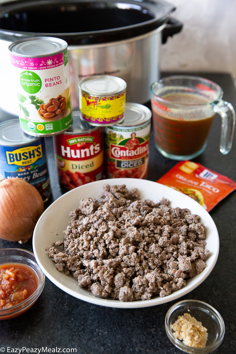 The ingredients you need for a comforting bowl of taco soup made in the slow cooker. 