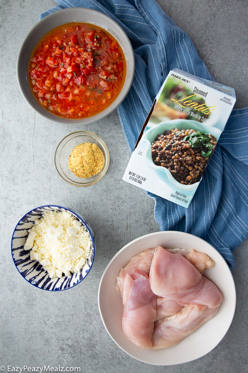 What you need for baked feta chicken and lentils.