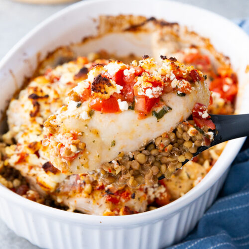 Baked Feta Bruschetta Chicken with Lentils