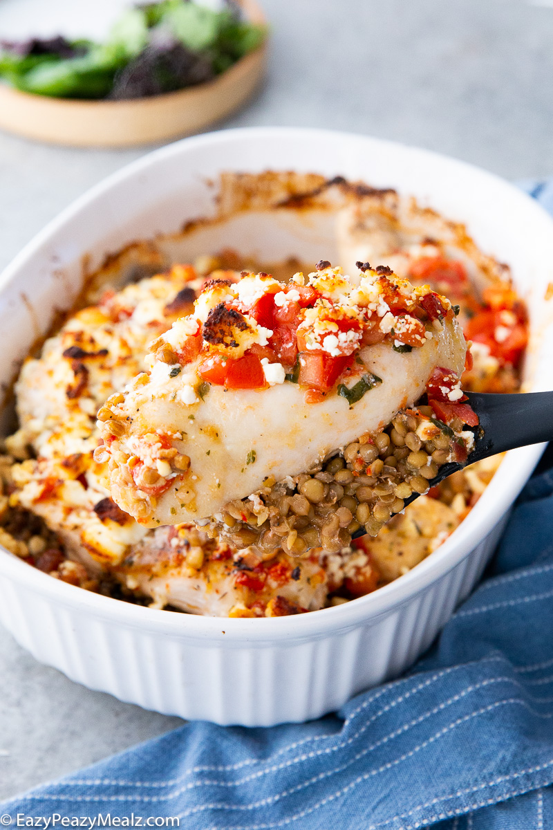 Baked Feta Bruschetta Chicken with Lentils