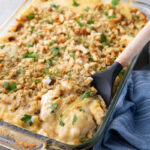 A casserole dish of chicken stuffing casserole